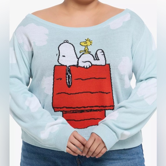 Hot Topic Sweaters - Peanuts Off-the-Shoulder Sweater - Light Blue and Red